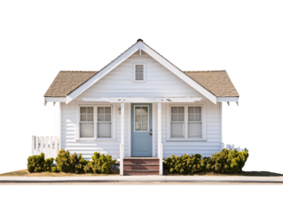 a small white house with a blue door and a white picket fence