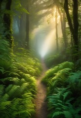 Obraz premium enchanting forest pathway shrouded morning mist lush green trees soft light filtering through fog, foliage, nature, scenery, landscape, woods, trail, views