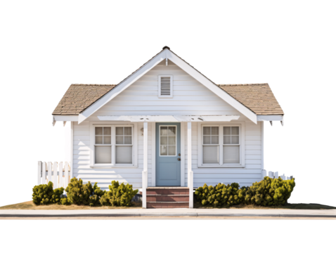 a small white house with a blue door and a white picket fence