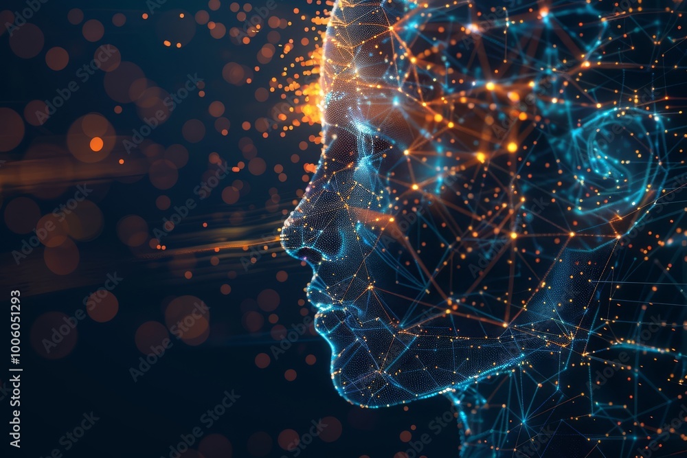 Poster a digital representation of a human head illuminated with vibrant connections and data points at the