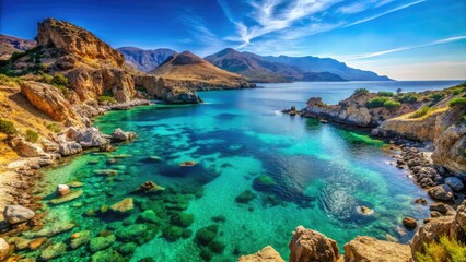 Fototapeta premium Stunning coastal views of Crete, Greece, showcase crystal-clear waters mingling with rugged cliffs, creating an unforgettable natural paradise for visitors and nature lovers alike.