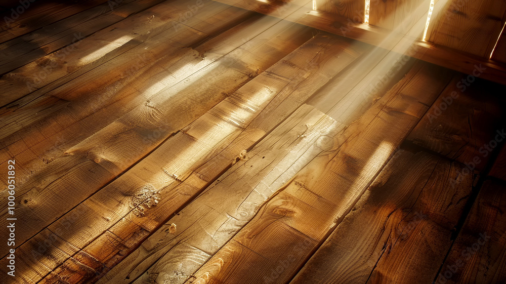 Poster sunlight streams through wooden slats, illuminating a rustic floor in a serene setting