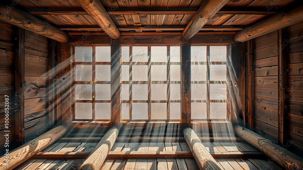 Poster sunlight filtering through wooden slats in an empty rustic cabin at dawn