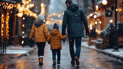 The family enjoying a cozy winter walk together, bundled up in coats and scarves, admiring the Christmas lights and decorations in the neighborhood