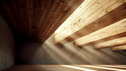 Warm sunlight streams through wooden beams in a tranquil indoor space