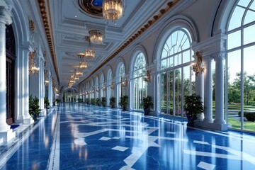 Fototapeta premium An opulent grand hallway displays an elegant checkered marble floor, rich architectural details, large windows, lush garden views, and regal chandeliers for finesse.