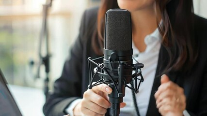 Businesswoman hosting a webinar, using a laptop and professional microphone.