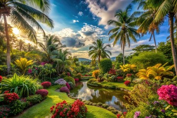 Fototapeta premium The garden bursts with vibrant blooms and lush greenery, creating a tranquil paradise where nature's harmony nourishes the soul and invites peaceful reflection.