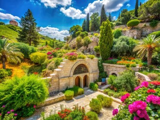 Naklejka premium The Garden Tomb in Jerusalem, embraced by vibrant greenery, offers a tranquil retreat, enveloping visitors in the serene beauty of natureâ€™s harmonious tranquility.