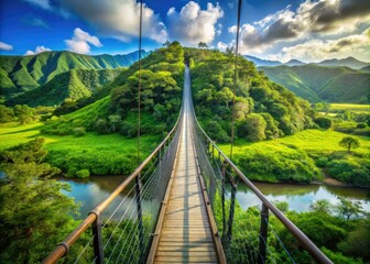 Obraz premium The scenic Hanapepe Swinging Bridge offers stunning views of Kauai's lush green landscape, showcasing the island's breathtaking natural beauty and inviting exploration of its serene surroundings.