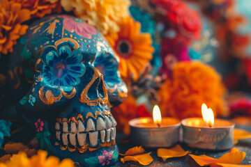Beautiful greeting card with bright holiday composition for happy to joy celebrate dia de muertos