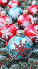 Fototapeta premium Close-up of colorful Christmas ornaments with snowflake designs hanging on a decorated tree, perfect for holiday-themed designs.