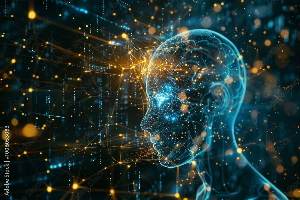 Poster exploring the interconnected web of artificial intelligence and human cognition in a digital landsca