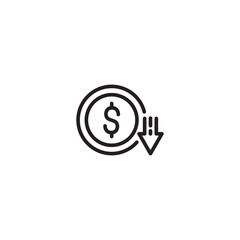 Obraz premium Price drop. Lower cost icon. Dollar coin with down arrow. Reduced price. Discount symbol. Downward arrow and dollar sign.