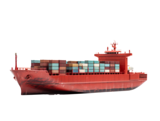 a red ship with containers on it
