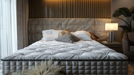 A bed with a white comforter and pillows