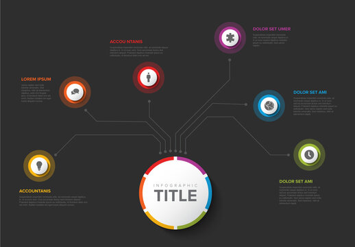 Colorful dark vertical circular Infographic Design Template with six element and title on big circle