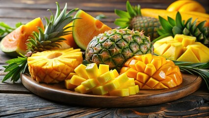 Vibrant slices of fresh mango and pineapple are artfully displayed on a rustic wooden table, creating an inviting tropical ambiance perfect for any gathering.
