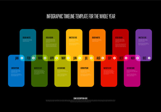 Whole year dark timeline template with month names and rainbow color blocks