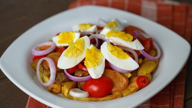 delicious pique macho is a Bolivian dish consist of marinated beef with fried fried topped with fresh tomato, onions and egg