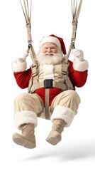 Santa Claus in military gear making a fun skydiving descent with a parachute against a bright white backdrop