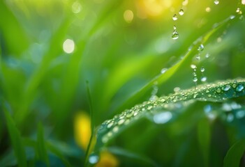 Fototapeta premium close raindrops glimmering lush green leaves vibrant natural background, leaf, nature, water, droplet, foliage, wet, shiny, botanical, plant, texture