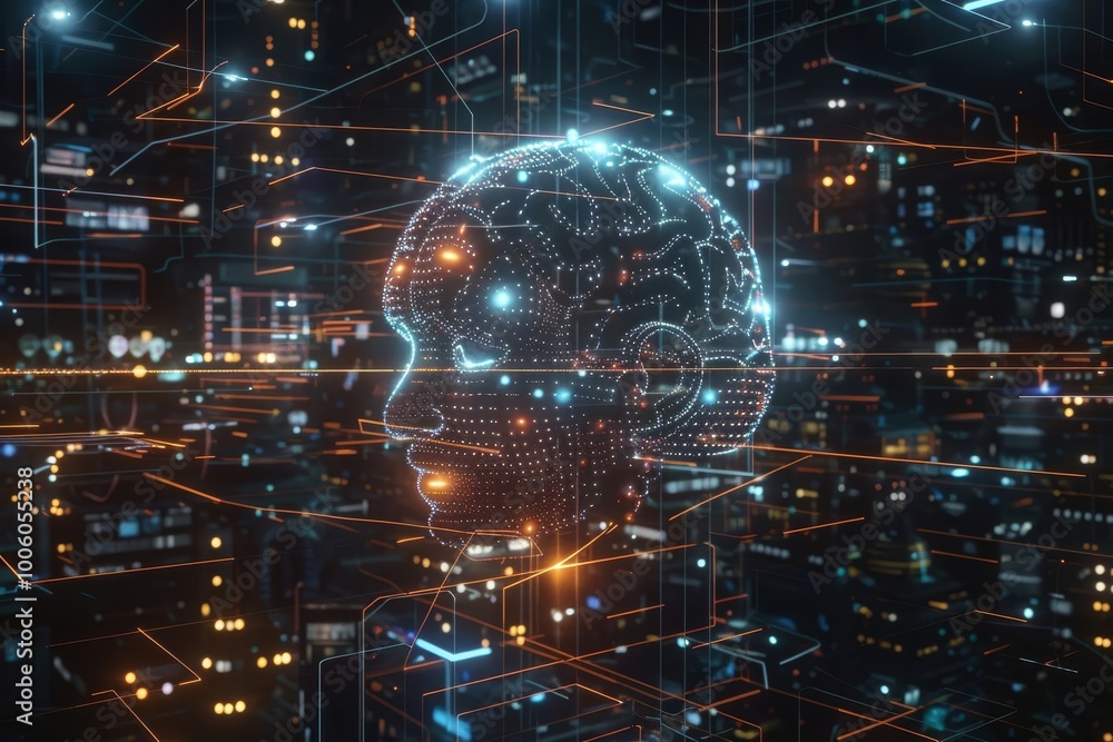Poster a futuristic representation of artificial intelligence in a vibrant cityscape with glowing circuit p
