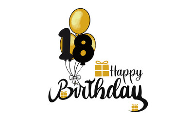 vector happy birthday 18 years texte with gold balloon and gift 