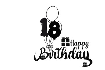 Obraz premium happy birthday vector text 18 years with ballons and gifts . black and white 