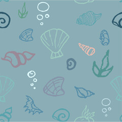 Obraz premium Pattern with snails, shells, hand draw bubbles, weeds and rocks. Victor graphic