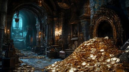 Hidden ancient treasure chamber overflowing with gold coins and ornate artifacts, offering a glimpse into a forgotten fortune. Generative AI