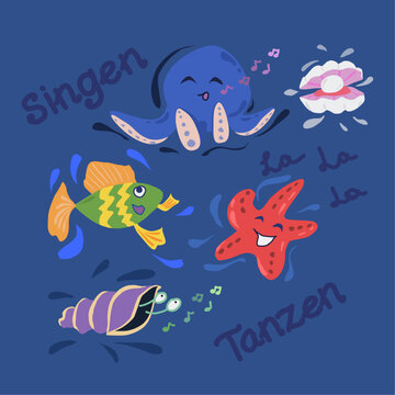 Eine Reihe fr&ouml;hlicher, netter Meerestiere. Seesterne, Tintenfische, Muscheln und Fische. Musiknoten, fr&ouml;hliches Singen. Handgezeichnete W&ouml;rter Tanzen singen 
