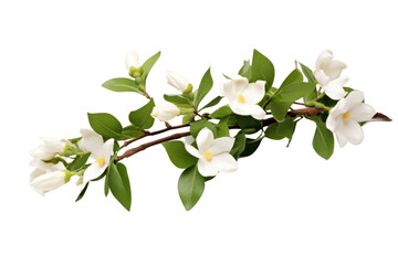 Fototapeta premium Elegant branch of white jasmine in full bloom with smooth white petals and dark green leaves, isolated for a minimalist white background.