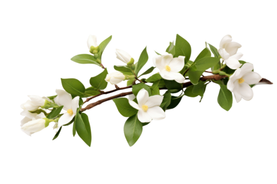 Elegant branch of white jasmine in full bloom with smooth white petals and dark green leaves, isolated for a minimalist white background.