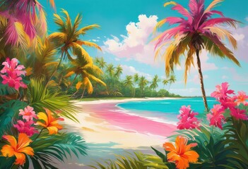 vibrant beach scenic view featuring lush tropical crystal clear bright skies relaxing atmosphere, shoreline, ocean, sea, palm, sand, waves, surf, horizon