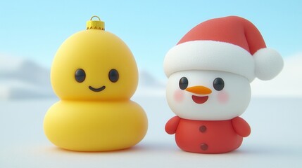 Fototapeta premium Cute 3D cartoon figurines of a yellow Christmas ornament and a snowman with a Santa hat, on a wintry background.