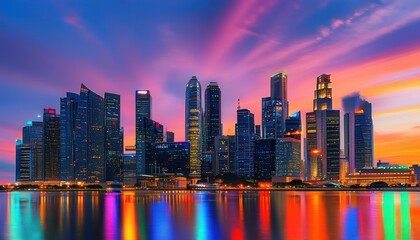 Obraz premium Vibrant City Skyline at Sunset with Colorful Reflections