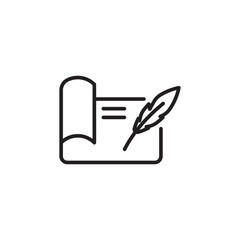 Ancient writing. Scroll and quill. Scroll and quill icon. Ancient writing. Scroll with quill. Document and feather pen.