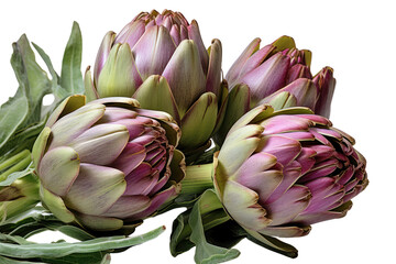 Close-up of fully blossomed artichokes showing detailed textures and colors, a plain white backdrop