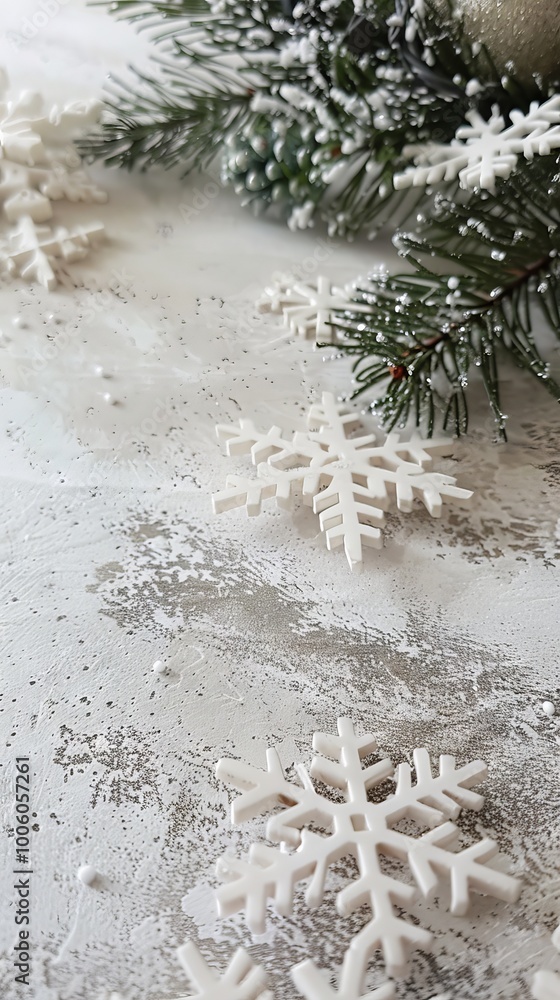 Poster a white snowflake is on a white background. the snowflake is surrounded by other snowflakes, creatin