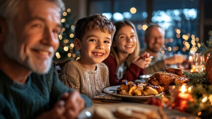 The family sitting together at the dinner table, sharing a festive Christmas meal, with traditional Chinese dishes alongside classic holiday foods, symbolizing cultural fusion and togetherness