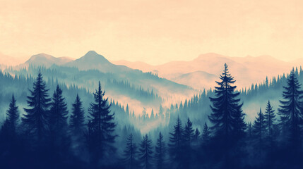 Obraz premium Misty landscape with fir forest in vintage retro style. Generative AI 