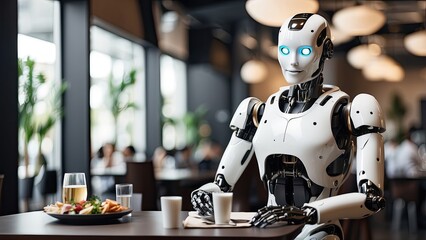 AI-driven humanoid robot waiter in a restaurant, serving food and drinks, illustrating the future of technology in hospitality staffing.