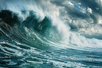 Generative ai on theme of a scary tsunami with huge foamy wave, apocalyptic dramatic background