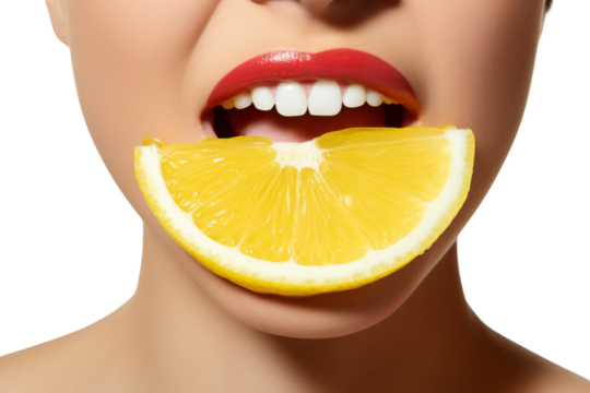 Close-up of a woman with short hair and a casual outfit, eyes wide and mouth open as she takes a big bite of a lemon half. The clean white background