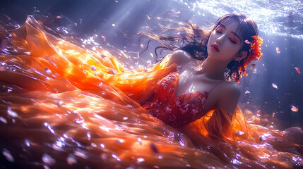 Underwater Dreams: A Woman in an Orange Dress Surrounded by Floating Petals