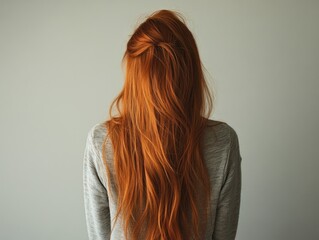 Fototapeta premium Woman with red hair standing by a wall
