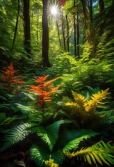 Obraz premium lush forest floor showcasing vibrant textures foliage rich greenery colorful underbrush elements, biodiversity, flora, woodland, landscape, ecosystem