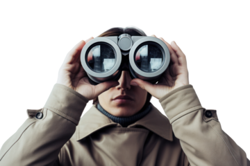 Close-up of a person holding binoculars up to their eyes, focusing intently, with a white background