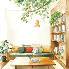 Watercolor Illustration of a Cozy Living Room with a Green Sofa, Bookshelf, and Plants.